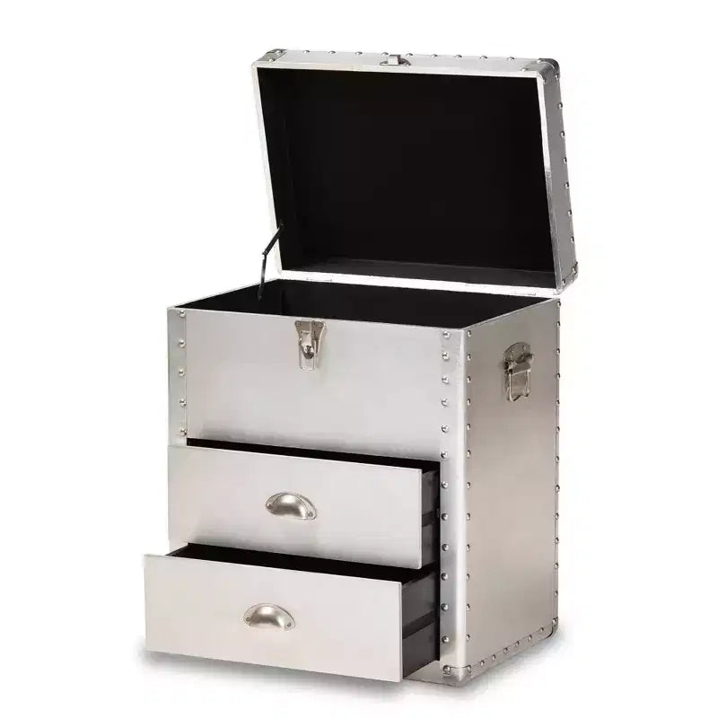 Commode de rangement d'appoint en métal à 2 tiroirs, style industriel vintage argenté