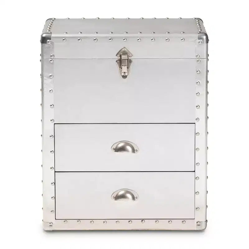 Commode de rangement d'appoint en métal à 2 tiroirs, style industriel vintage argenté