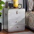 Commode de rangement d'appoint en métal à 2 tiroirs, style industriel vintage argenté