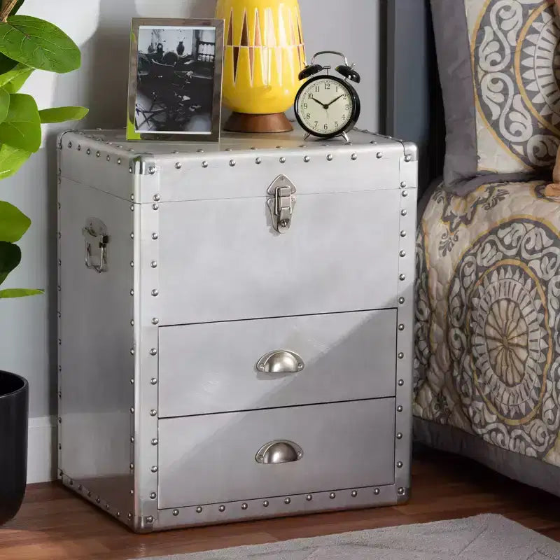Commode de rangement d'appoint en métal à 2 tiroirs, style industriel vintage argenté
