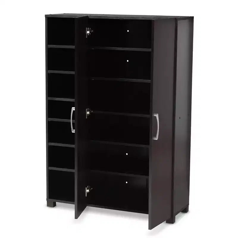 Meuble de rangement pour chaussures d'entrée en bois à 2 portes avec étagères ouvertes, finition wengé