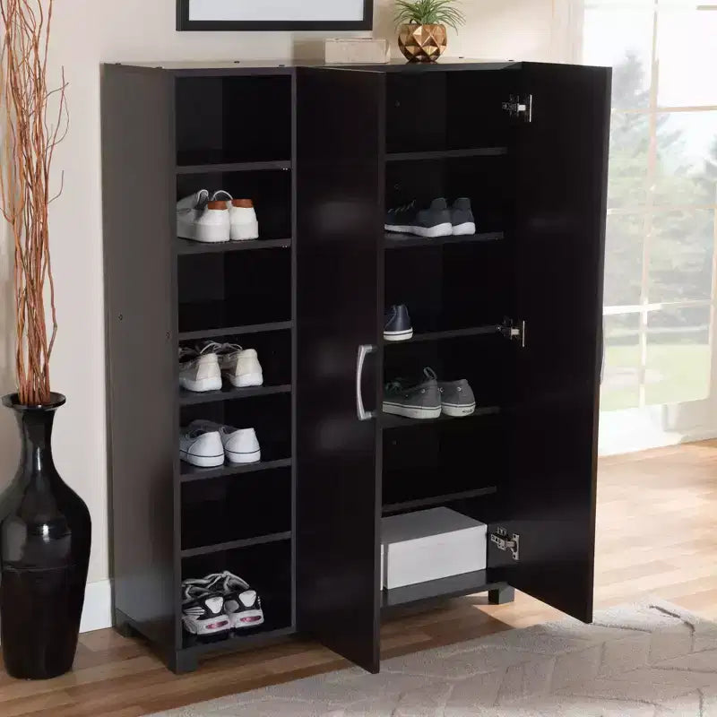 Meuble de rangement pour chaussures d'entrée en bois à 2 portes avec étagères ouvertes, finition wengé