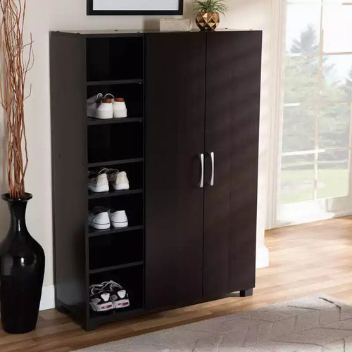Meuble de rangement pour chaussures d'entrée en bois à 2 portes avec étagères ouvertes, finition wengé