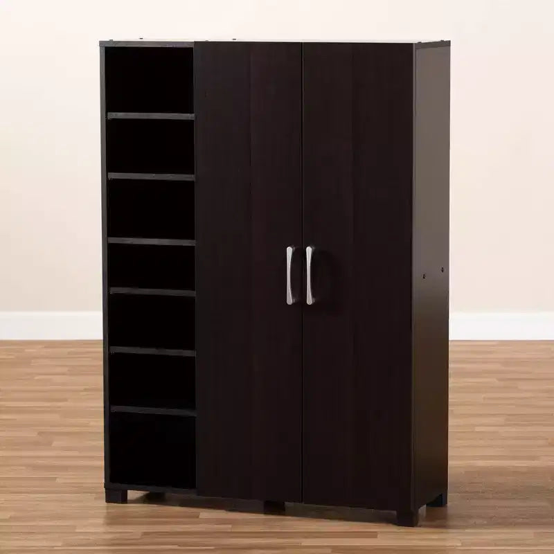 Meuble de rangement pour chaussures d'entrée en bois à 2 portes avec étagères ouvertes, finition wengé