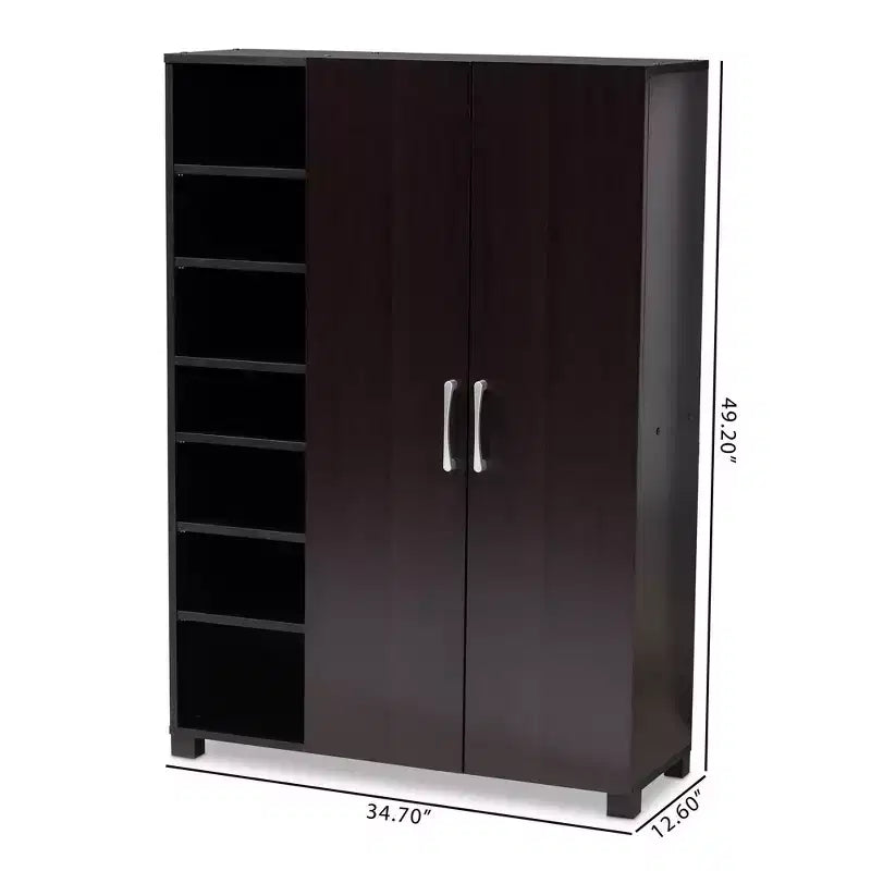 Meuble de rangement pour chaussures d'entrée en bois à 2 portes avec étagères ouvertes, finition wengé