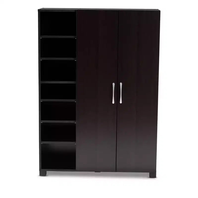 Meuble de rangement pour chaussures d'entrée en bois à 2 portes avec étagères ouvertes, finition wengé