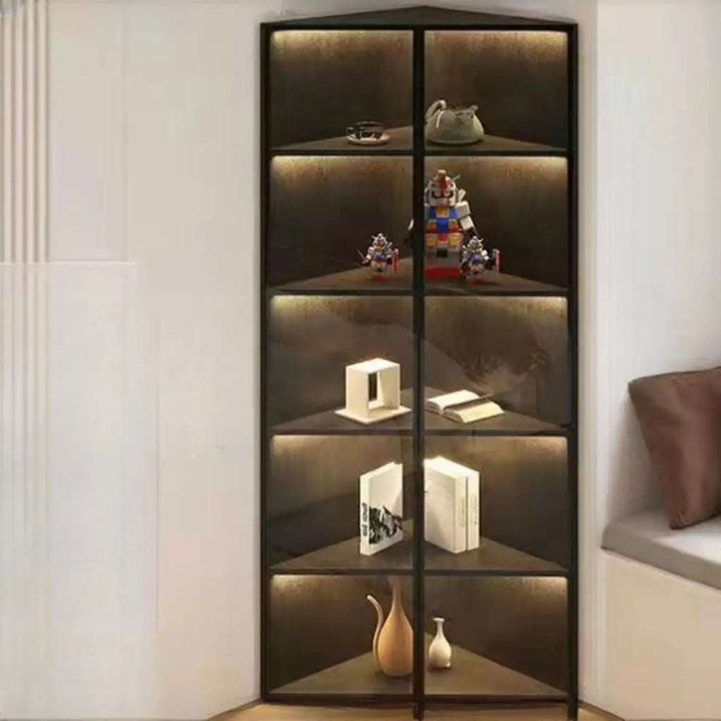 Meuble d'angle d'exposition moderne en bois et métal gris avec porte vitrée