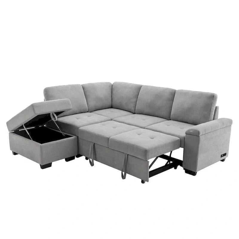 Canapé d'angle convertible 5 places en L 84,75 po avec pouf de rangement, rangement de bras dissimulé et chargement USB pour salon