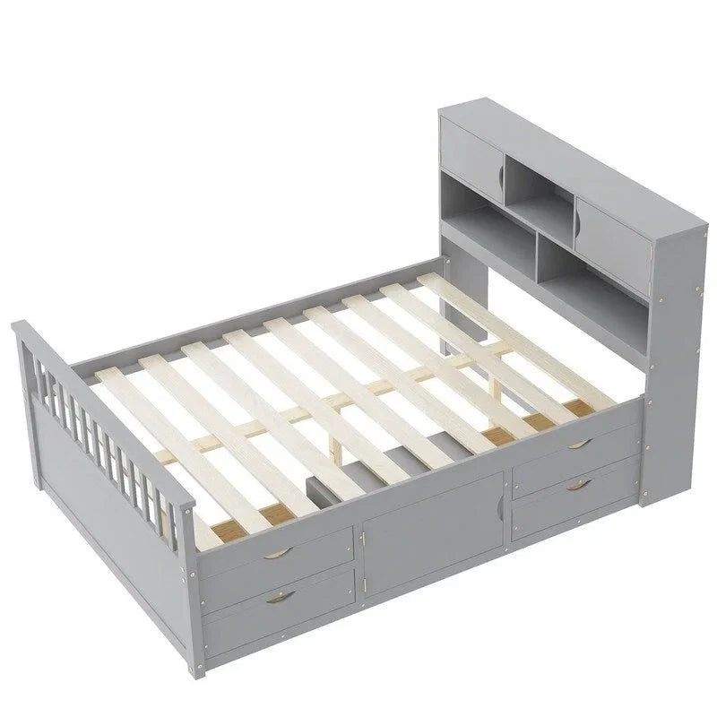 Lit plateforme capitaine double/grand avec 4 tiroirs et étagères de rangement, cadre de lit en bois massif avec tête de lit bibliothèque de rangement