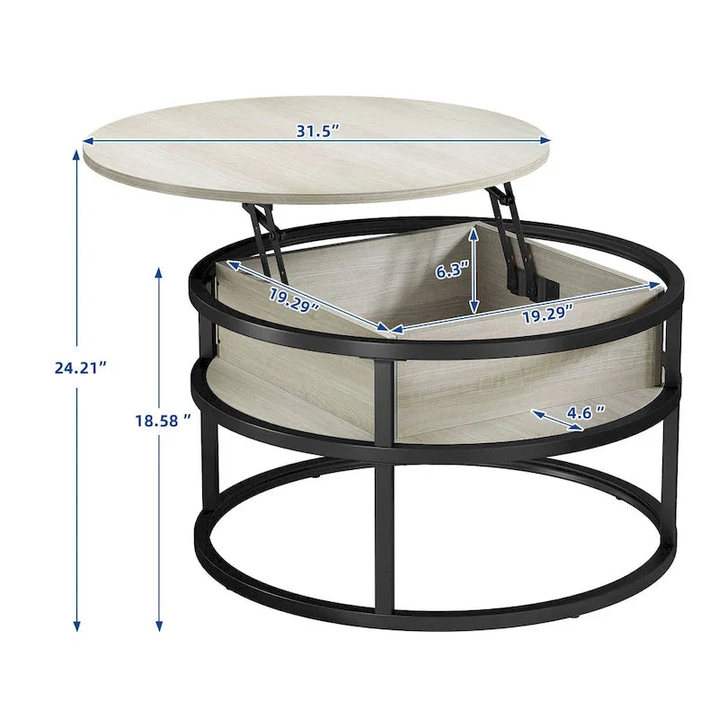 Table basse ronde relevable Moasis Farmhouse avec rangement dissimulé et étagère