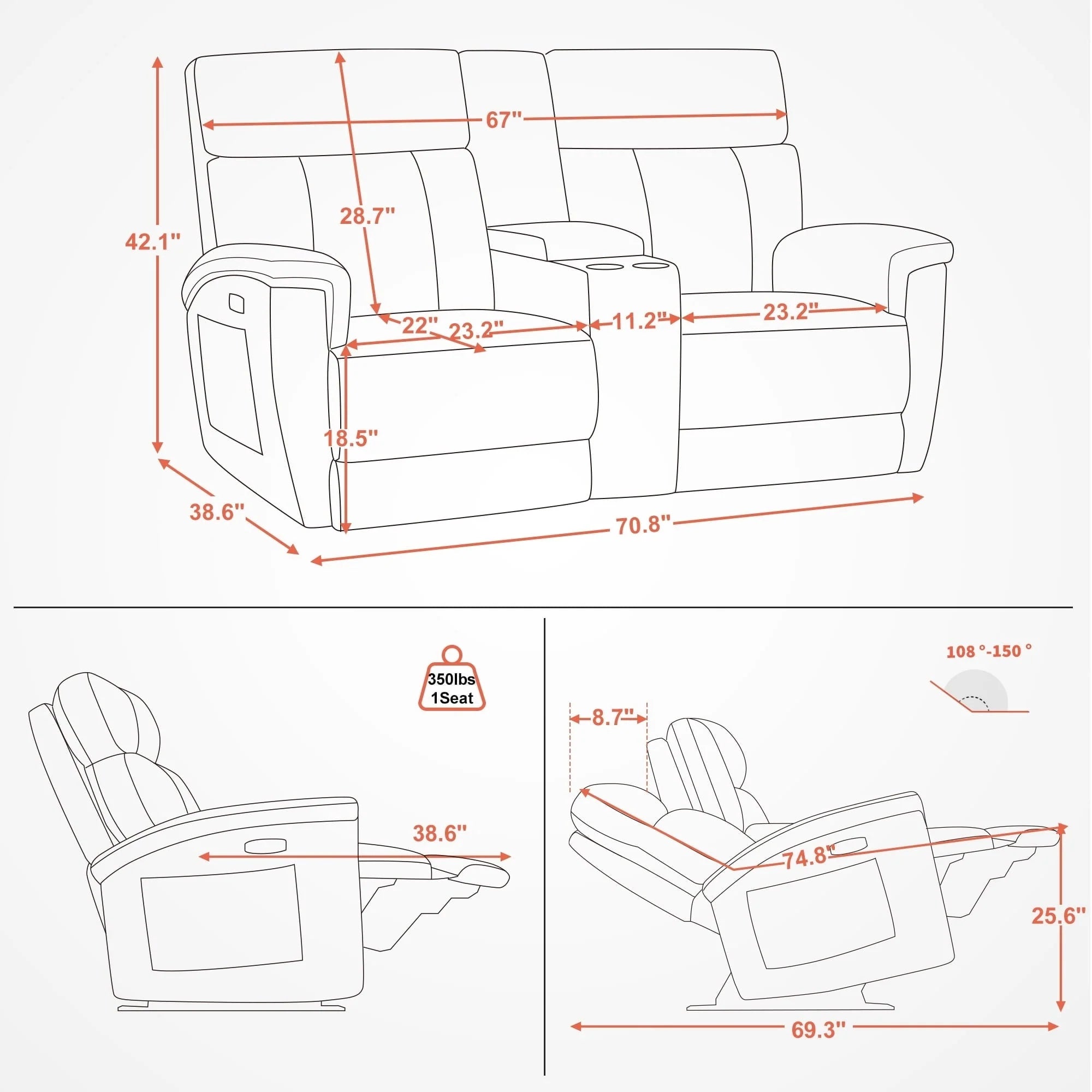 Canapé inclinable électrique MCombo 60,2 po avec massage et double chauffage, appuie-tête réglable, ports USB et Type C, tissu