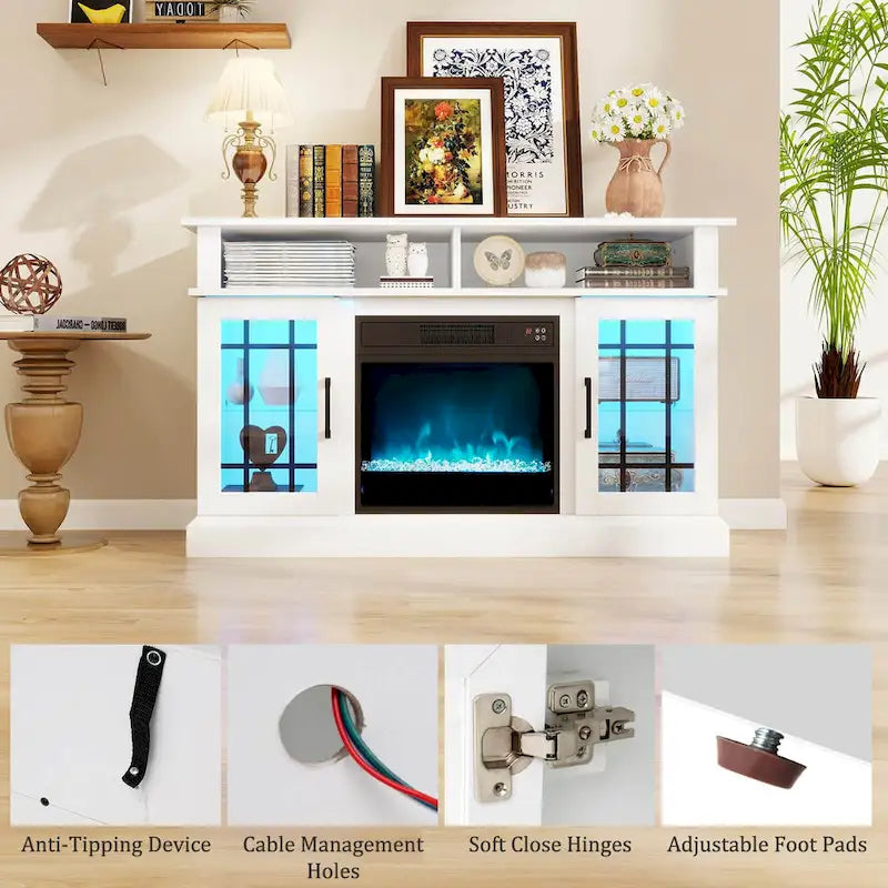 Meuble TV avec cheminée électrique, lumières LED et télécommandes