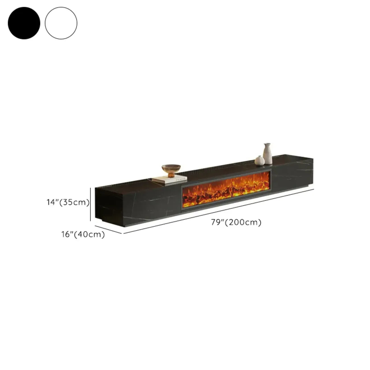 Meuble TV en pierre avec cheminée électrique noire et lumière, 87 cm de large