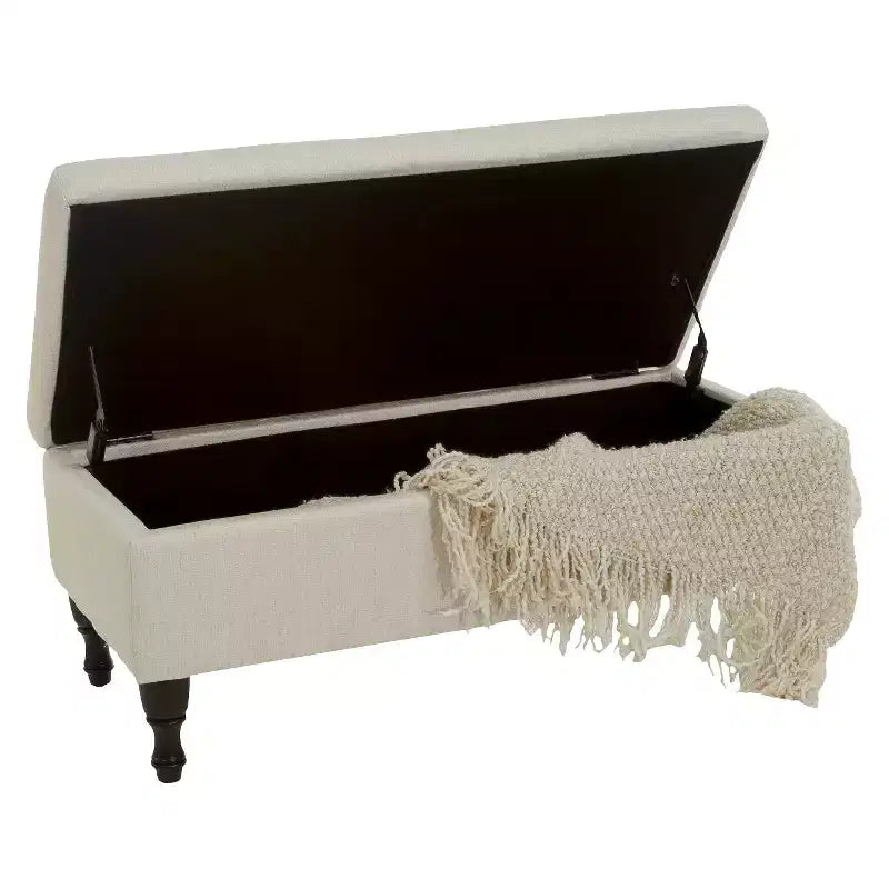 Banc de rangement en tissu capitonné avec couvercle à charnières et pieds en bois foncé
