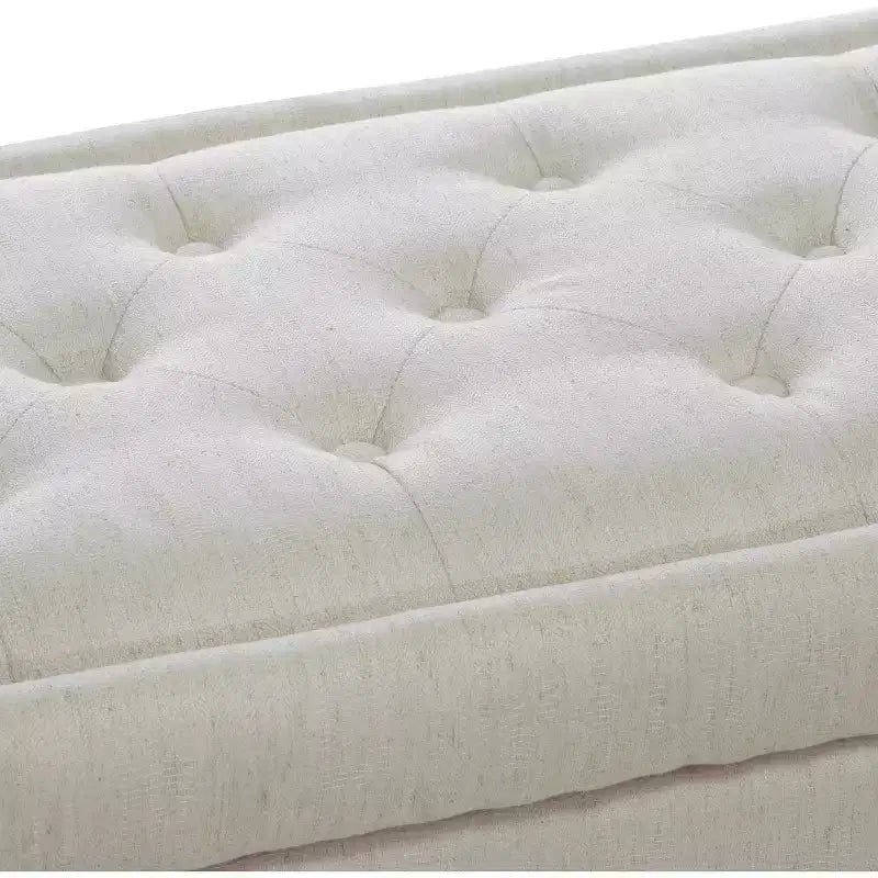 Banc de rangement en tissu capitonné avec couvercle à charnières et pieds en bois foncé