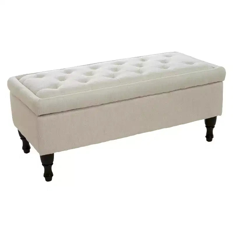 Banc de rangement en tissu capitonné avec couvercle à charnières et pieds en bois foncé