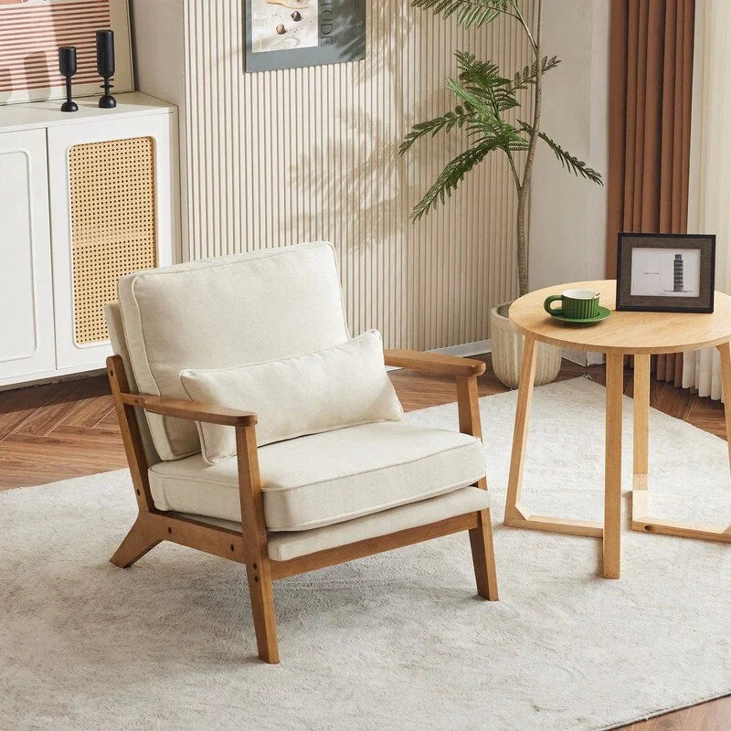 Fauteuil d'appoint rembourré en mélange de lin avec pieds en bois et un oreiller beige