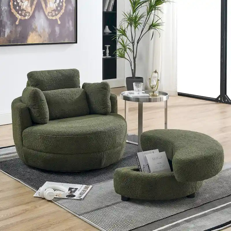 Fauteuil crapaud pivotant surdimensionné avec pouf de rangement lune