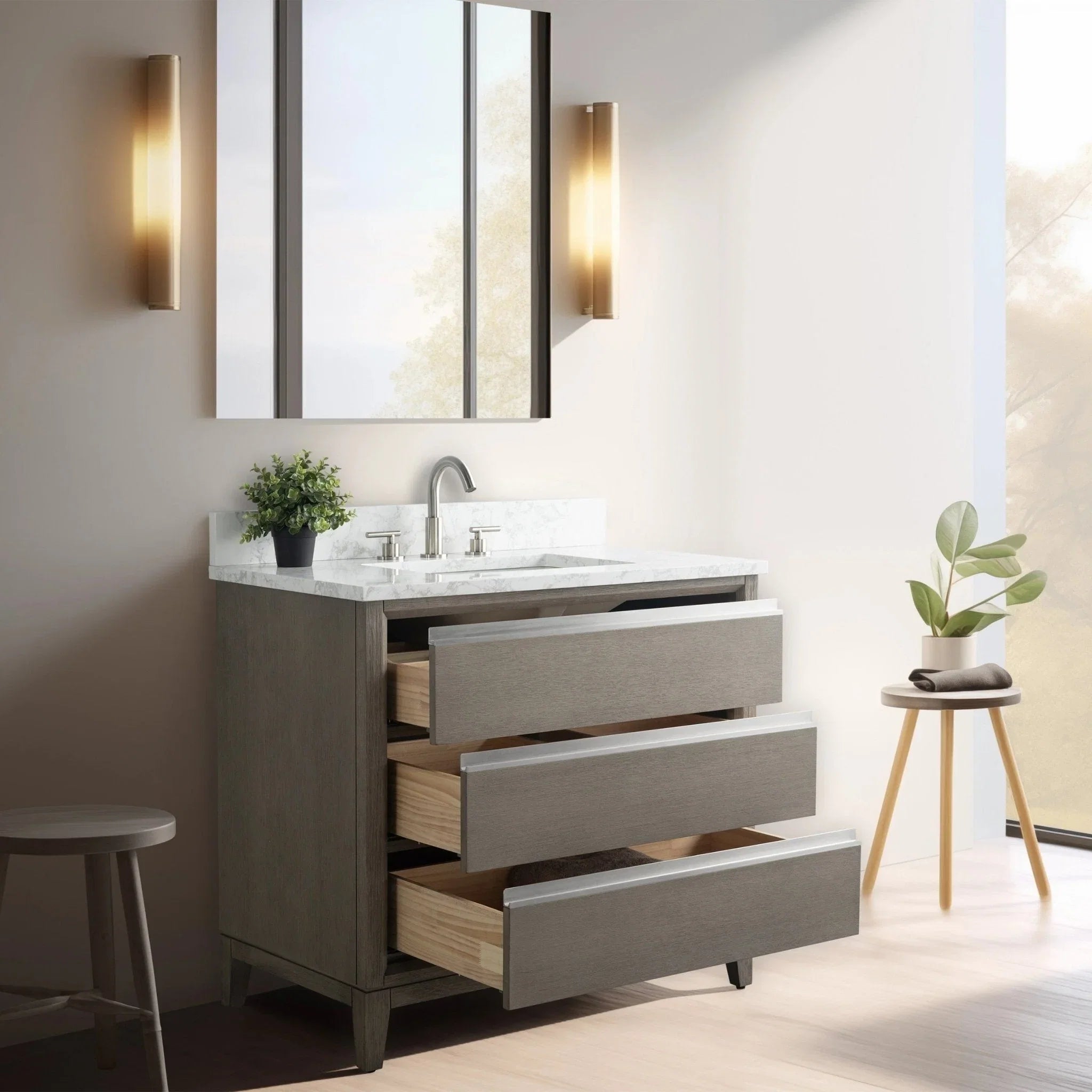 Meuble-lavabo Vanity Art avec évier en céramique et dessus en marbre reconstitué