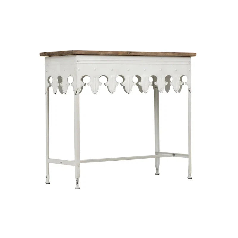 Console en métal finition zinc et bois à bord festonné
