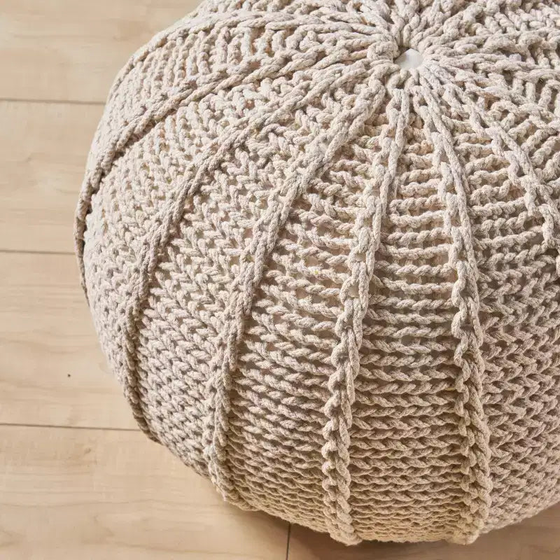 Pouf ottoman rond en coton tricoté, cousu main