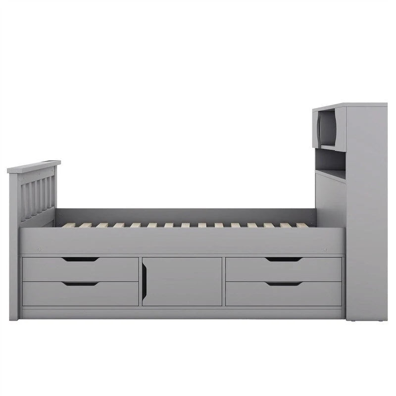Lit plateforme capitaine double/grand avec 4 tiroirs et étagères de rangement, cadre de lit en bois massif avec tête de lit bibliothèque de rangement