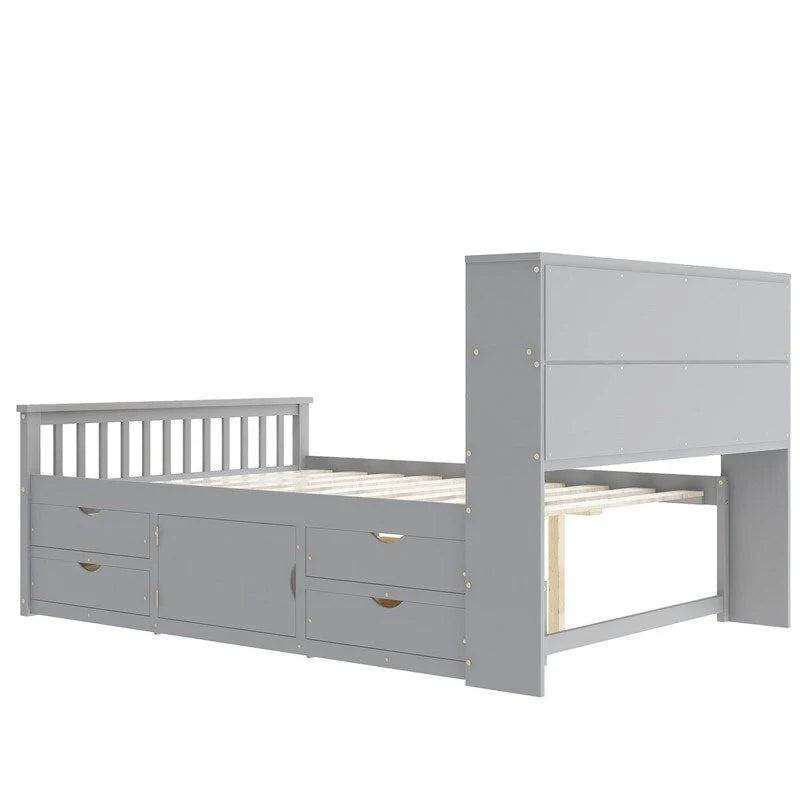 Lit plateforme capitaine double/grand avec 4 tiroirs et étagères de rangement, cadre de lit en bois massif avec tête de lit bibliothèque de rangement