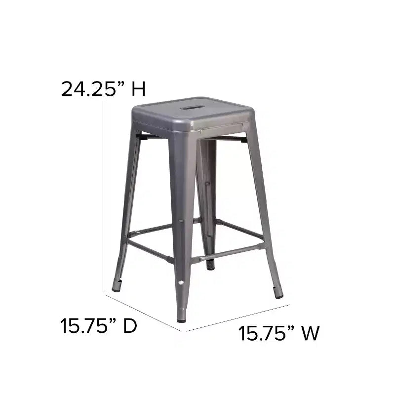 Tabouret de comptoir intérieur en métal argenté antique sans dossier, 61 cm de haut, avec assise carrée