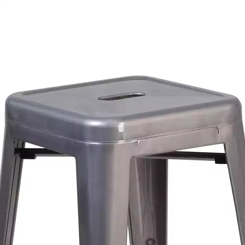 Tabouret de comptoir intérieur en métal argenté antique sans dossier, 61 cm de haut, avec assise carrée