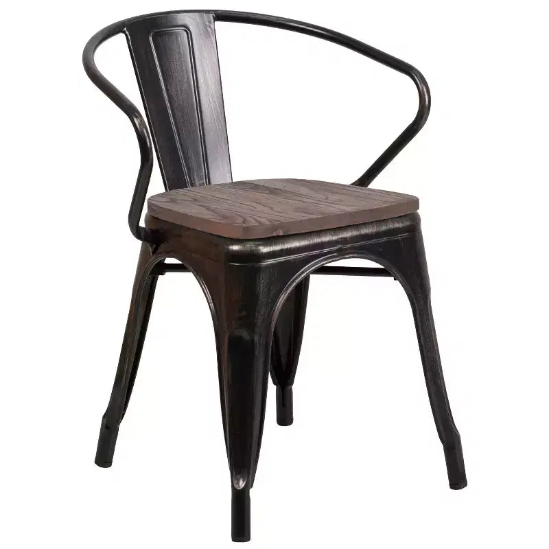 Chaise de bistrot empilable en métal avec assise et accoudoirs en bois