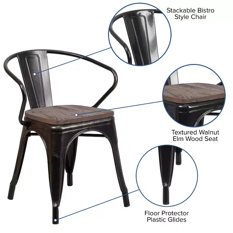 Chaise de bistrot empilable en métal avec assise et accoudoirs en bois