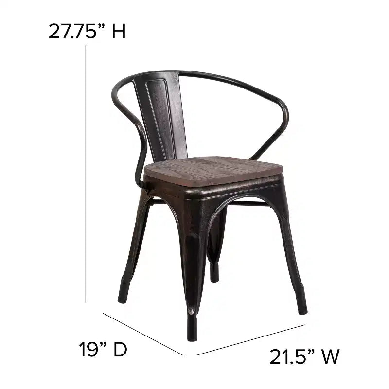 Chaise de bistrot empilable en métal avec assise et accoudoirs en bois