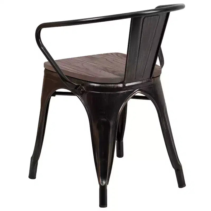 Chaise de bistrot empilable en métal avec assise et accoudoirs en bois