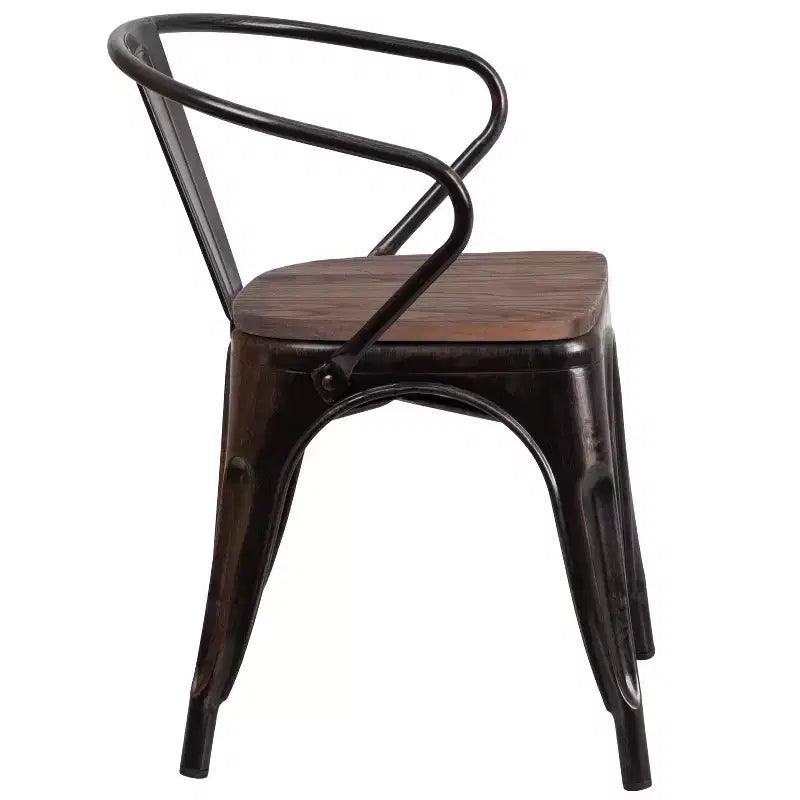 Chaise de bistrot empilable en métal avec assise et accoudoirs en bois