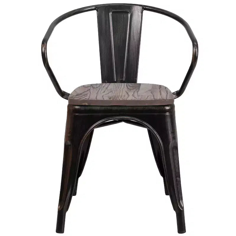 Chaise de bistrot empilable en métal avec assise et accoudoirs en bois