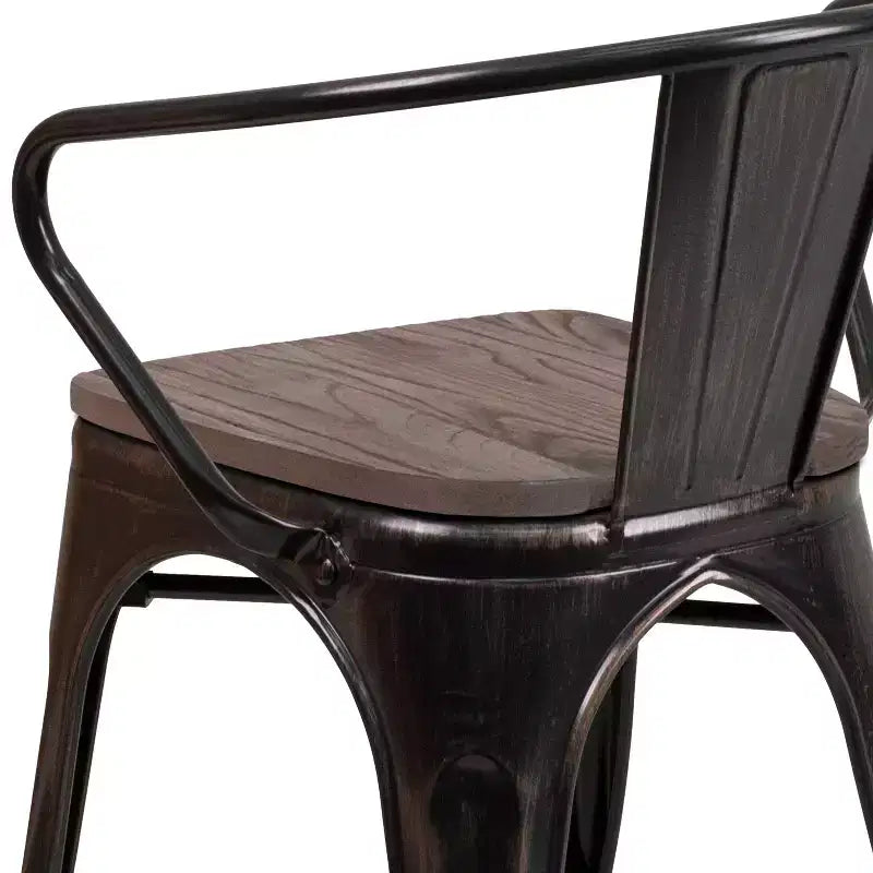 Chaise de bistrot empilable en métal avec assise et accoudoirs en bois