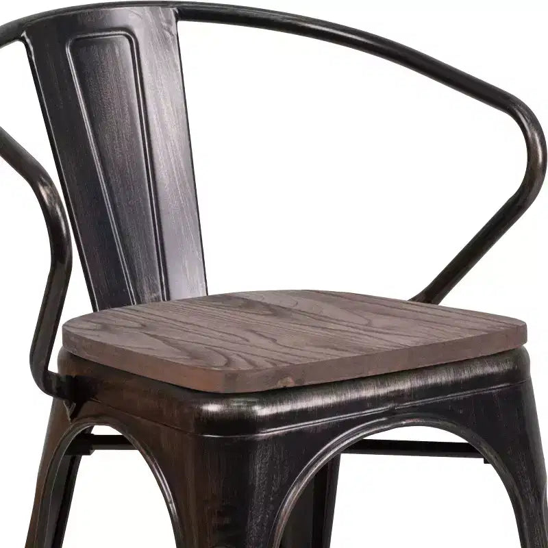 Chaise de bistrot empilable en métal avec assise et accoudoirs en bois
