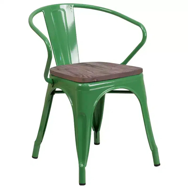 Chaise de bistrot empilable en métal avec assise et accoudoirs en bois
