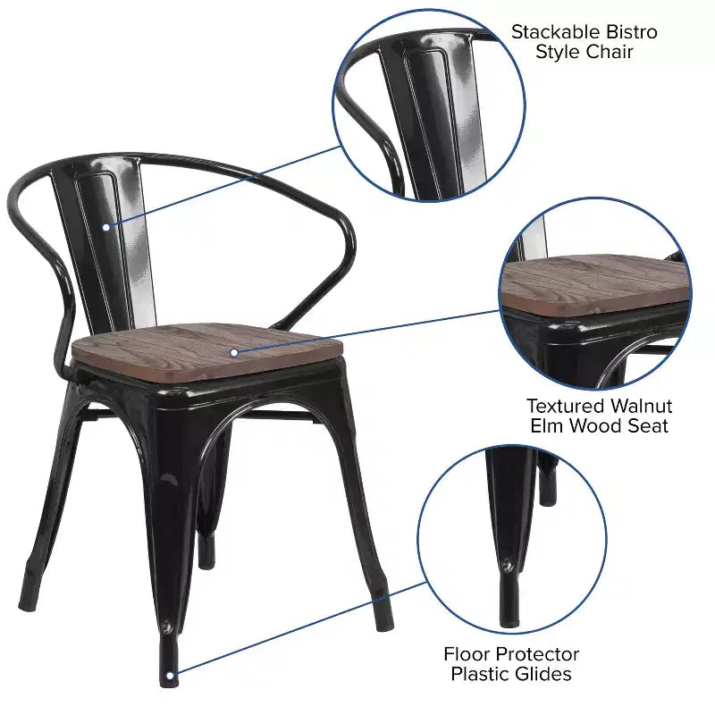 Chaise de bistrot empilable en métal avec assise et accoudoirs en bois