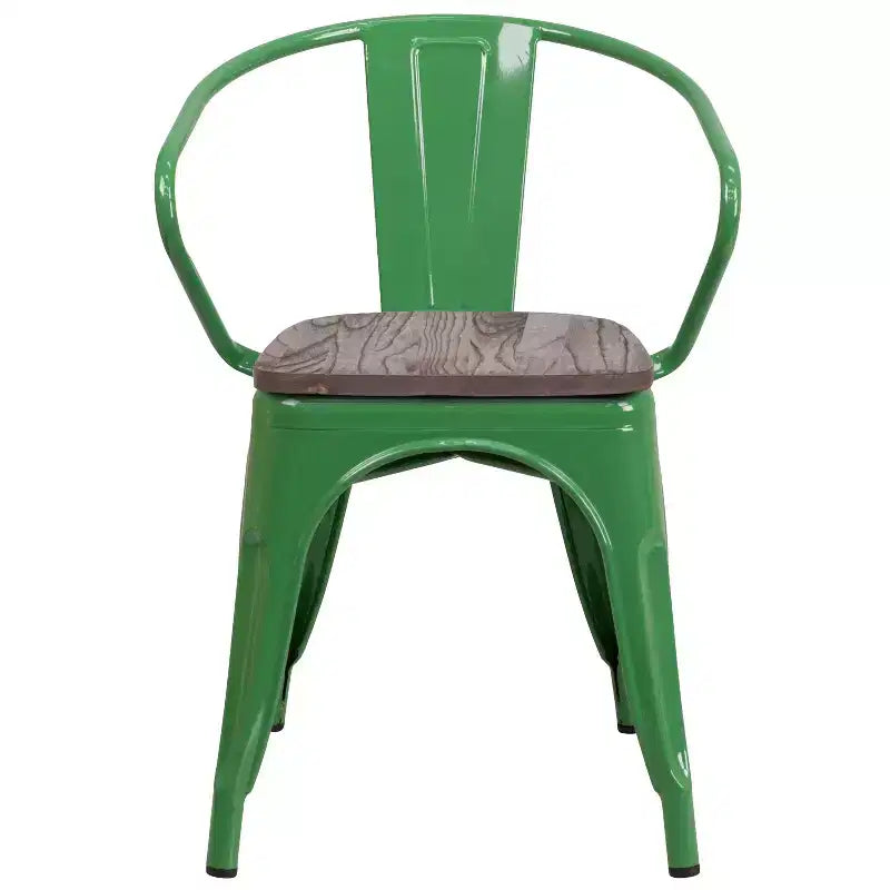 Chaise de bistrot empilable en métal avec assise et accoudoirs en bois