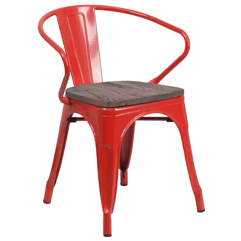 Chaise de bistrot empilable en métal avec assise et accoudoirs en bois
