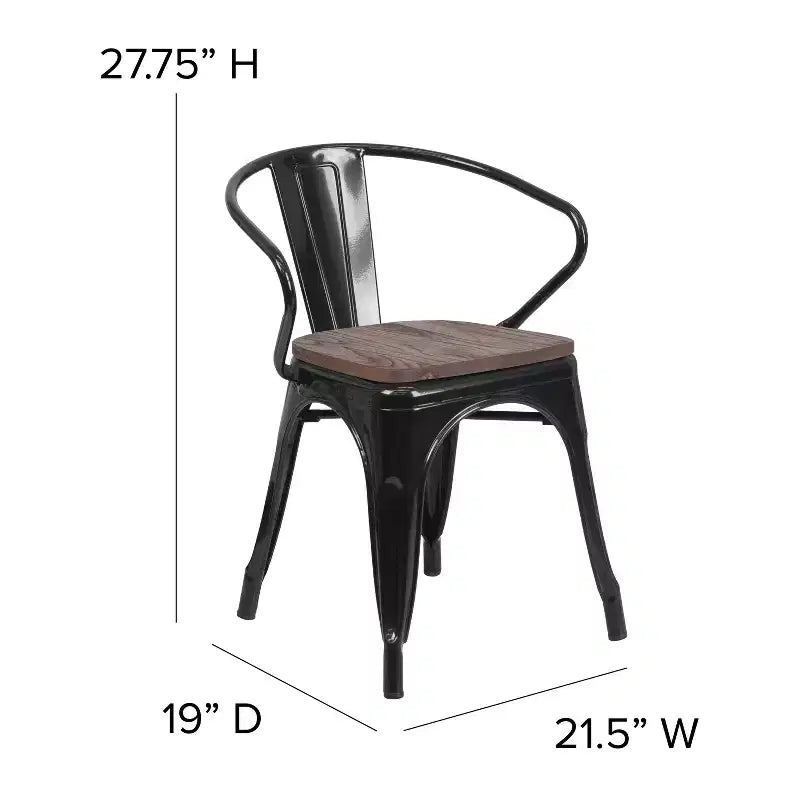 Chaise de bistrot empilable en métal avec assise et accoudoirs en bois