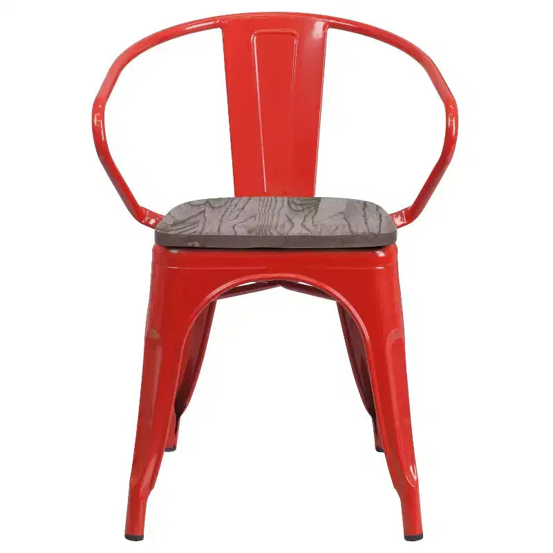 Chaise de bistrot empilable en métal avec assise et accoudoirs en bois