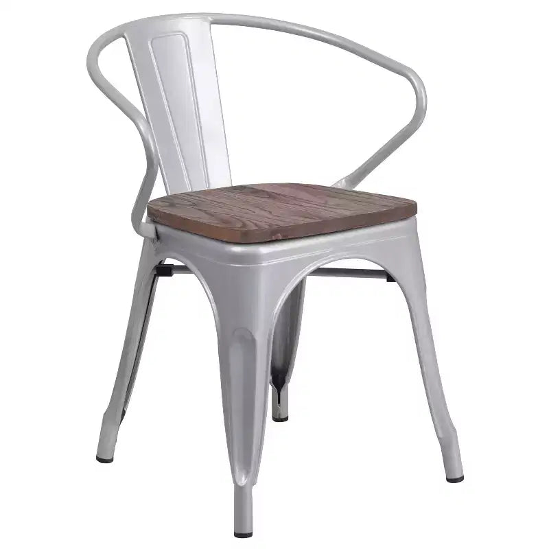 Chaise de bistrot empilable en métal avec assise et accoudoirs en bois
