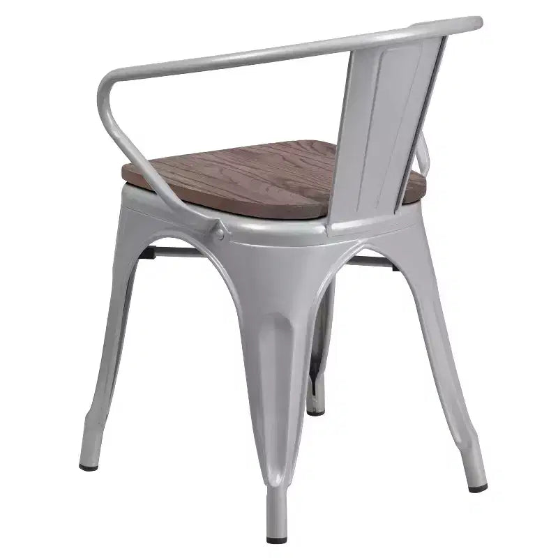 Chaise de bistrot empilable en métal avec assise et accoudoirs en bois