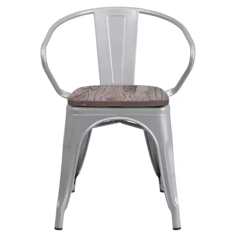 Chaise de bistrot empilable en métal avec assise et accoudoirs en bois