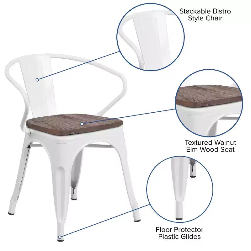 Chaise de bistrot empilable en métal avec assise et accoudoirs en bois