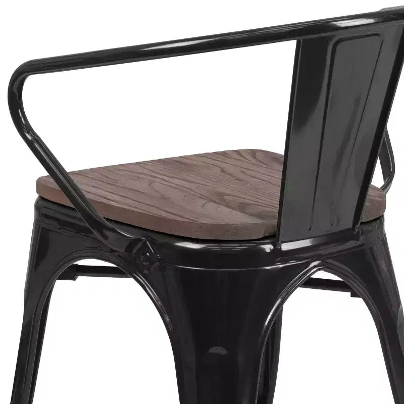 Chaise de bistrot empilable en métal avec assise et accoudoirs en bois