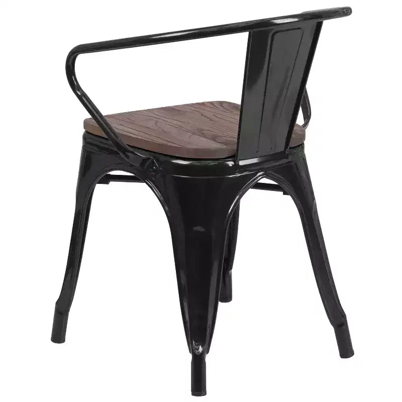 Chaise de bistrot empilable en métal avec assise et accoudoirs en bois