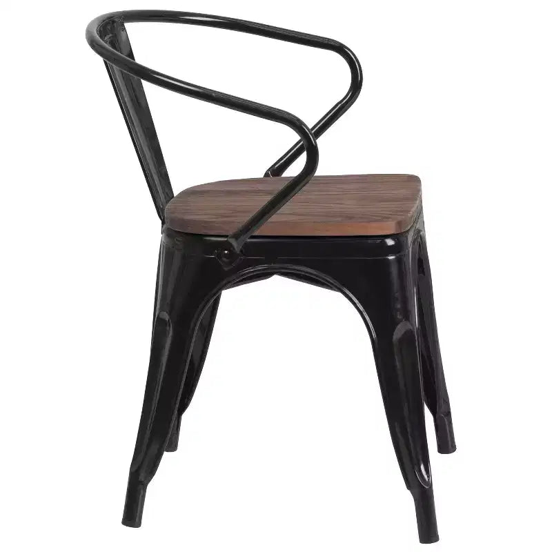 Chaise de bistrot empilable en métal avec assise et accoudoirs en bois